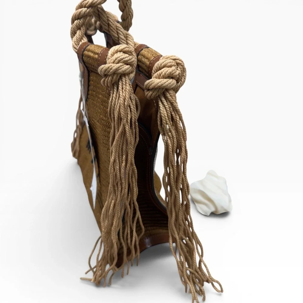 Marni Marcel Medium Raffia Tote Bag Tan  Fringe Rope Handle Raffia Leather $995